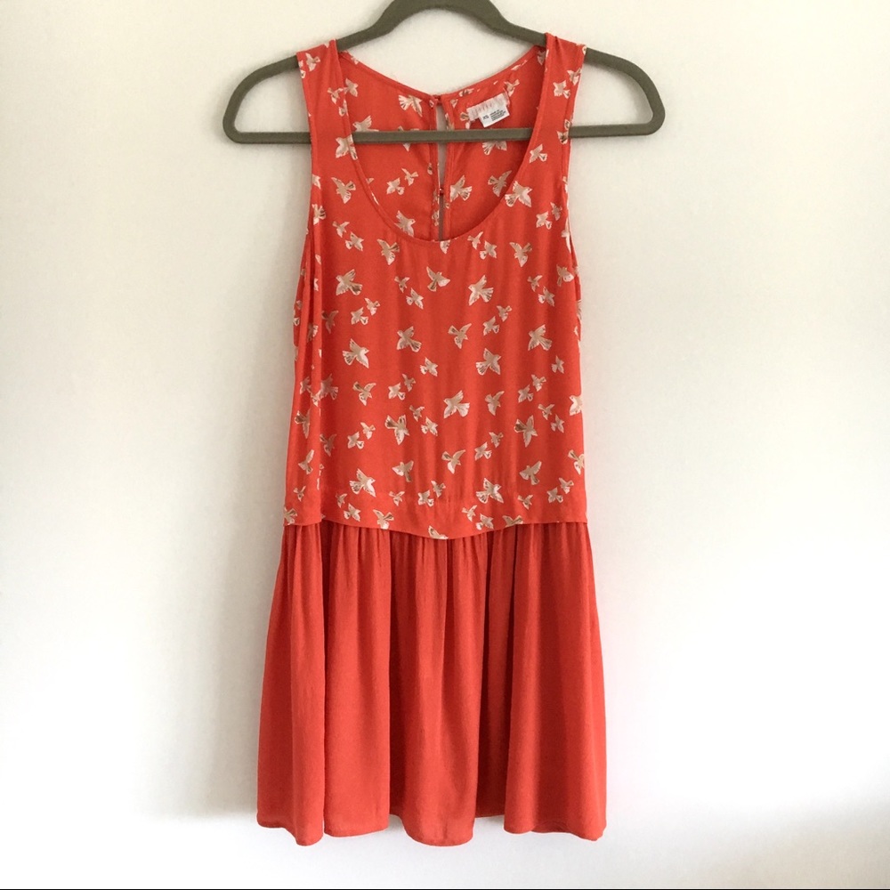 UO sleeveless drop waist red bird print dress